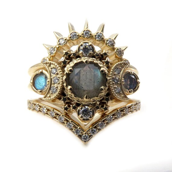 Ready to Ship Size 6 - 8 - Labradorite Cosmos Moon Engagement Ring Set with Diamonds and Wedding Bands- Moon Phase Fine Jewelry