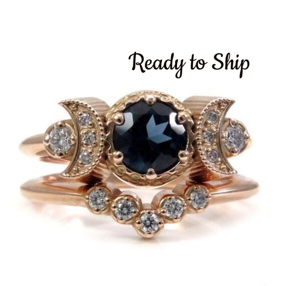 Ready to Ship Size 6 - 8 - Hecate Moon Engagement Ring Set - London Blue Topaz & White Diamonds with Diamond Chevron Wedding Band