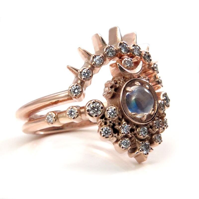 Moon Witch Engagement Ring Set Moonstone and Diamonds