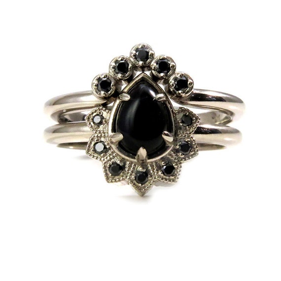 Pear Onyx and Black Diamond Gothic Cluster Engagement Ring with Crown Wedding Band - 14k Palladium White Gold