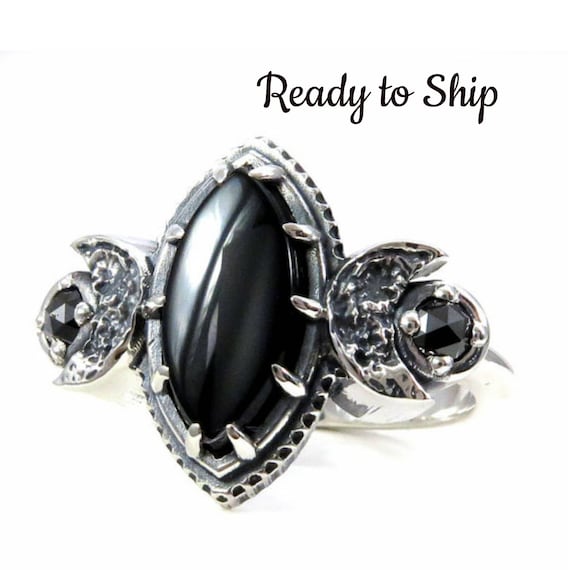 Ready to Ship Size 6 - 8 Marquise Onyx Moon Ring with Rose Cut Black Diamonds or Moissanites - Gothic Silver Engagement