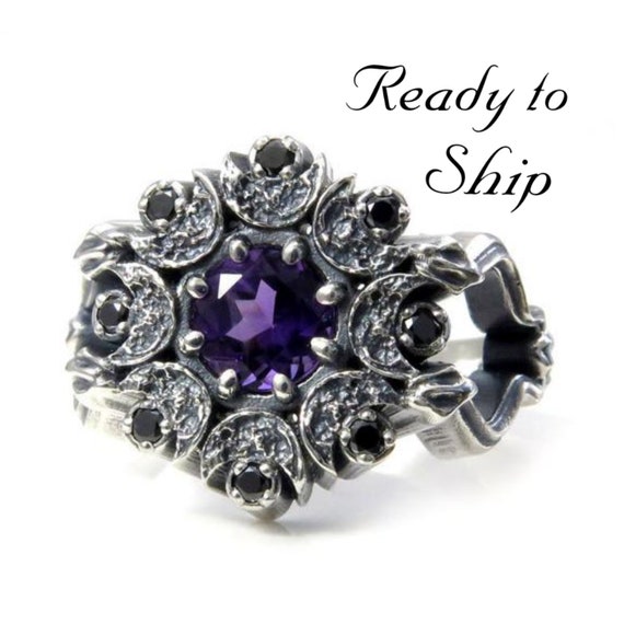 Ready to Ship Size 6-8 - Snake and Moon Amethyst Gothic Engagement Ring with Black Diamonds - Memento Mori