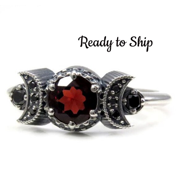 Ready to Ship Size 7 - 9 - Hecate Moon Engagement Ring Set - Garnet with Black Diamonds - Gothic Sterling Silver Jewelry