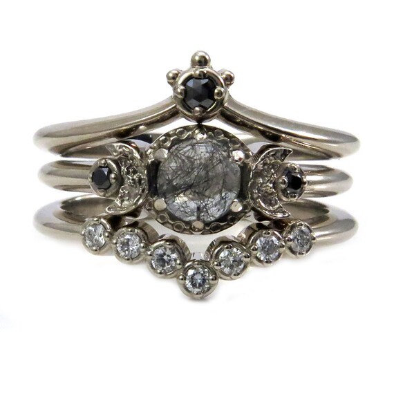 Black and White Moon Engagement Ring Stack - Black Rutile Quartz Moon Ring with Chevron and Crown Wedding Bands