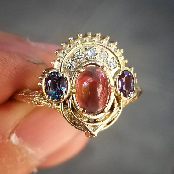 Boleyn - Oregon Sunstone and Lab Alexandrite Tudor Styled Engagement Ring - Unique Jewelry