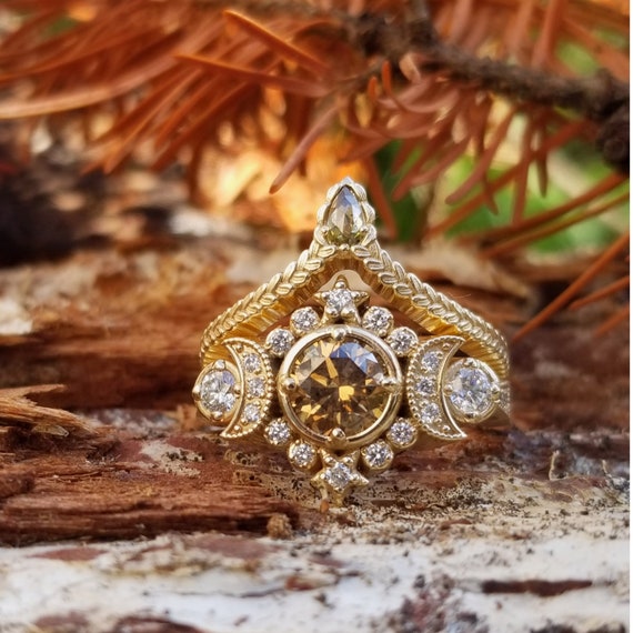 Ready to Ship Size 6 - 8 - Selene Moon Goddess Ring - Natural Champagne Diamond with White Diamonds - 14k Yellow Gold
