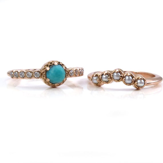 Seed Pearl, Turquoise and Diamond Engagement Ring Set - Modern Victorian Wedding Rings - 14k Rose Gold