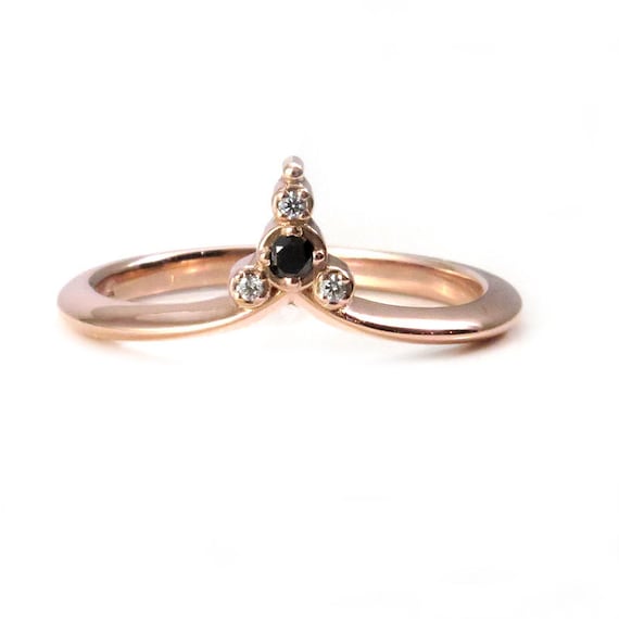 Tiny Diamond Cluster Ring - 14k Rose Gold Stacking Minimalist Wedding Band with Black and White Diamonds