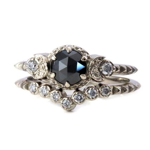 Black and White Diamond Pyramid Moon Ring Set - Gold Cosmic Engagement Ring Set