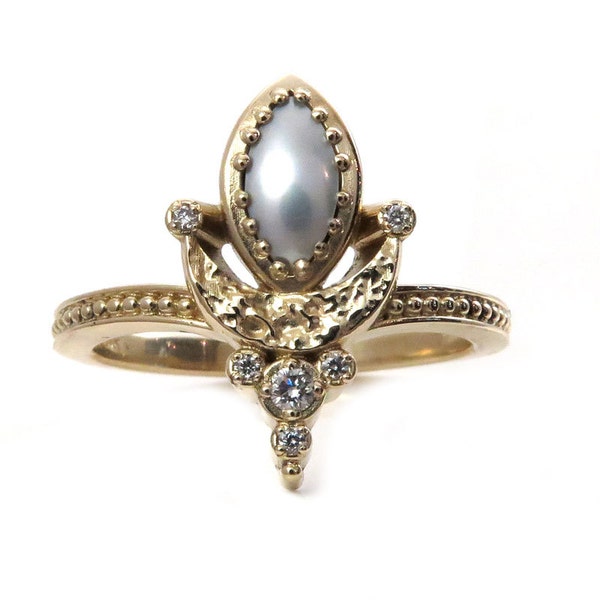 Ready to Ship Size 7-9 Marquise Pearl Moon Mistress Ring with Tiny Diamonds - 14k Yellow Gold Modern Fine Jewelry