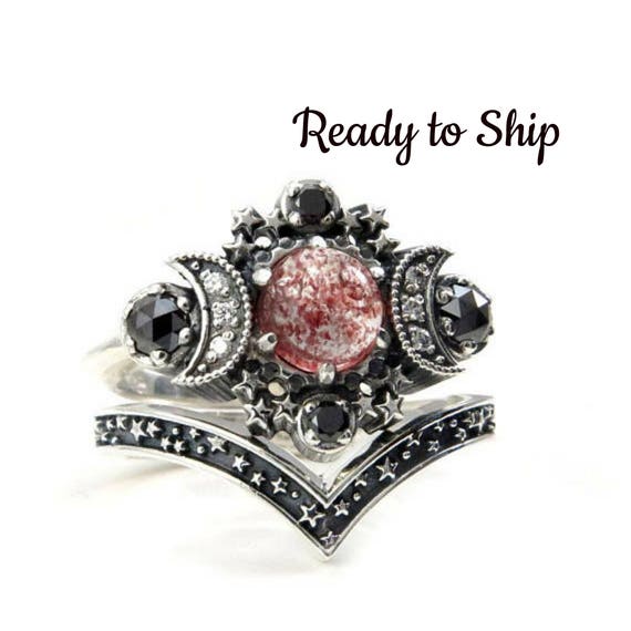 Ready to Ship Size 6-8 Strawberry Quartz Cosmos Moon and Star Celestial Engagement Ring Set - Sterling Silver