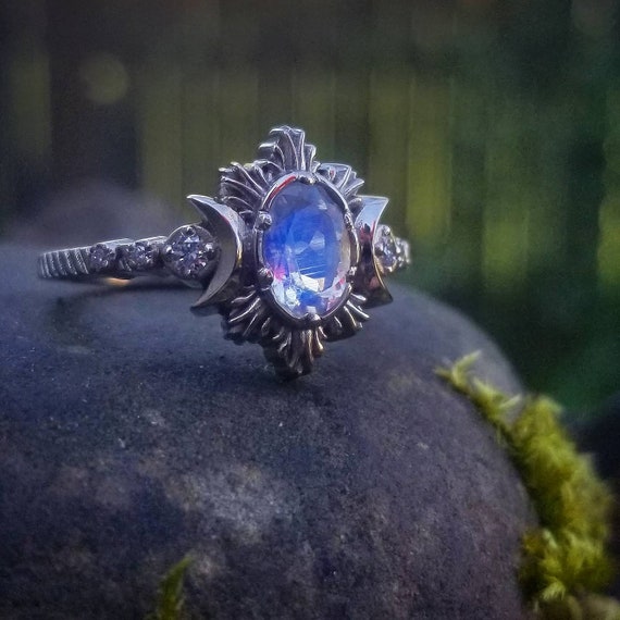 Oval Moonstone Moonfire Engagement Ring - Triple Moon Ring - 14k Palladium White Gold