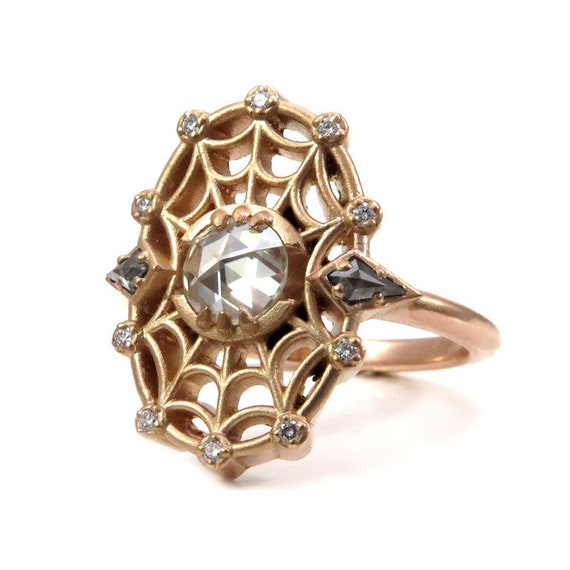 Ready to Ship Size 6-8 Spider Baby Rose Cut Moissanite and Diamond Spider Web Ring 14k Rose Gold