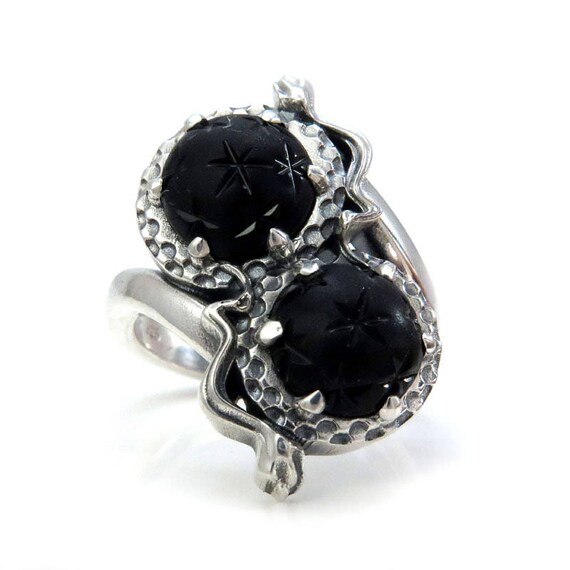 Ready to Ship - Size 6 - 8 - Gothic Toi et Moi Mourning Jewelry - Antique 1800's Victorian Glass Star Orbs - Sterling Silver Snake Ring