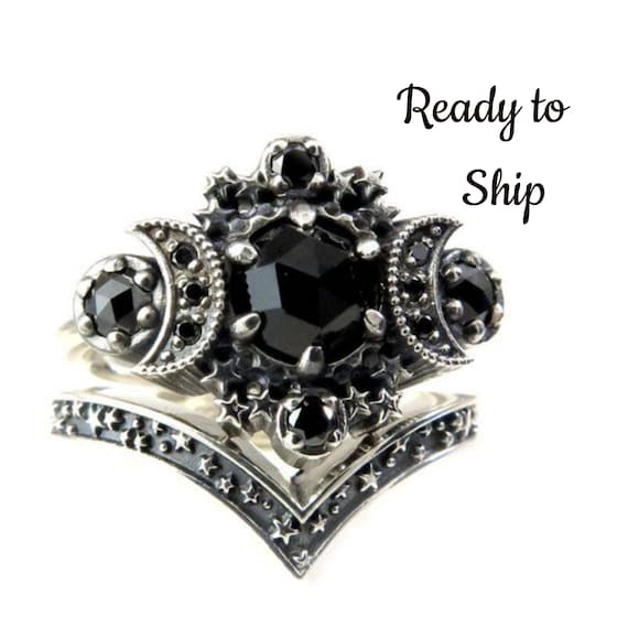 Ready to Ship Size 8 - 10 - Gothic Cosmos Moon Engagement Ring Set Silver Moon and Stardust Chevron Wedding Band