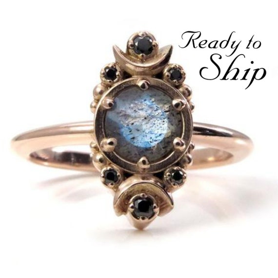 Ready to Ship Size 6 - 8 - Rose Gold Moon Ring - Labradorite and Black Diamond Engagement Ring