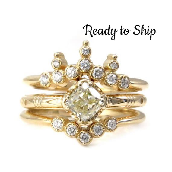 Ready to Ship Size 6-8 - Natural Yellow Diamond Solitaire with Stacking Diamond Wedding Bands - 14k Yellow Gold