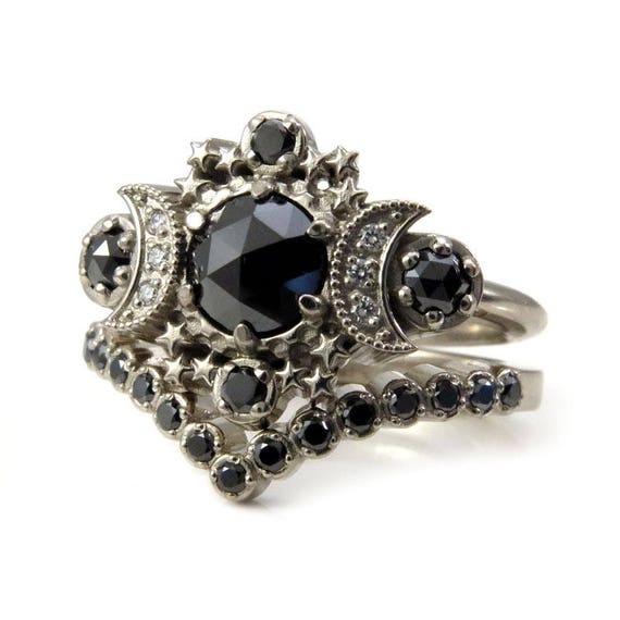 Anillo De Compromiso De La Luna Gotica Del Diamante Negro Con Etsy