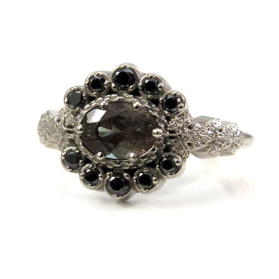 POISON PLANT - Oregon Sunstone Oval & Diamond Halo Ring with Poison Leaves - Ready to Ship - Size 6 - 8