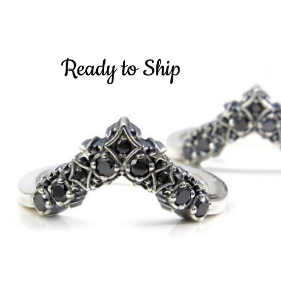 Ready to Ship Size 5 - 7 - Black Diamond Stardust Chevron Wedding Band - Sterling Silver Boho Stacking Ring