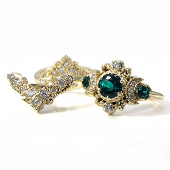 Ready to Ship Size 6 - 8 - Cosmos Stardust Engagement Ring Set - Chatham Emeralds & Diamonds Moon Wedding Set - 14k Yellow Gold
