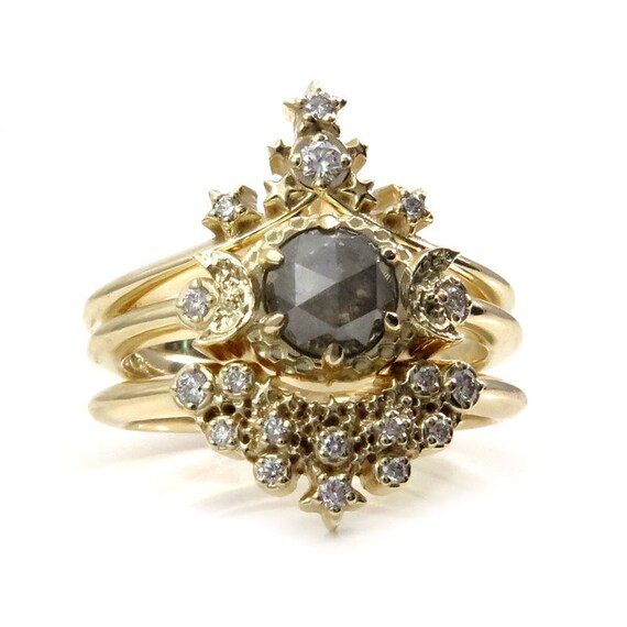 Starseed Moon Temple Engagement Ring Set - 14k Gold Moon Ring - Pick you Center Rose Cut Diamond