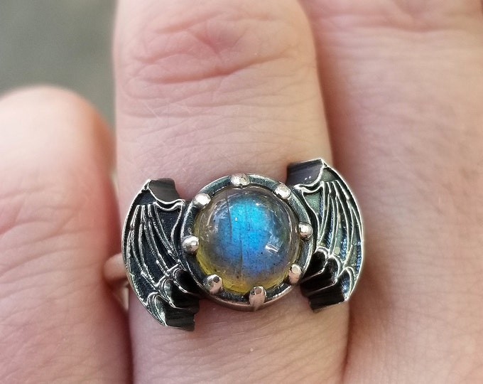 Ready to Ship Size 6 - 8 - Labradorite Bat Wing Gothic Engagement Ring - Sterling Silver Jewelry