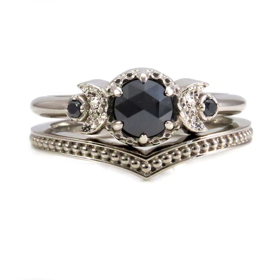 White Gold and Black Diamond Moon Ring Set - Millgrain Chevron Band - Gothic Engagement Rings