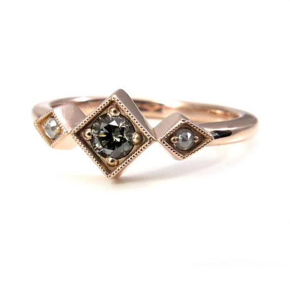 Ready to Ship Size 6 - 8 - Gray Champagne Diamond Art Deco Engagement Ring with White Rose Cut Diamond Sides - 14k Rose Gold