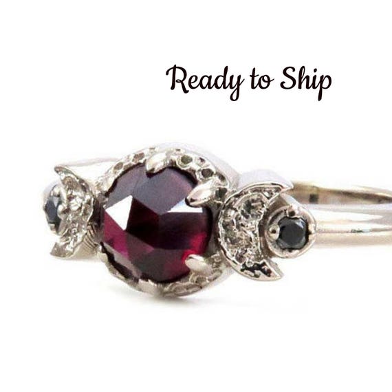 Size 6-8 Ready to Ship - Garnet and Black Diamond Gothic Celestial Engagement Ring
