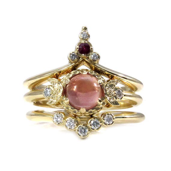 Sunset Moon Temple - Oregon Sunstone Engagement Ring with Ruby and Diamond Wedding Bands