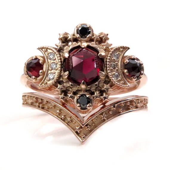 Rose Cut Garnet Cosmos Moon Engagement Ring Set - Rose Gold with Black and White Diamonds