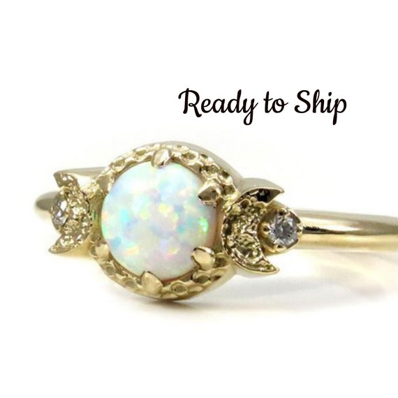Ready to Ship Size 6 - 8 - Lab Opal Moon Ring - Triple Moon Goddess Engagement Ring