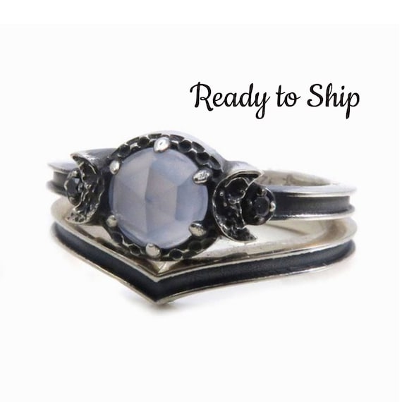 Ready to Ship Size 6 - 7.5 - Blue Chalcedony Black Silver Moon Ring With Chevron Wedding Bands - Celestial Engagement