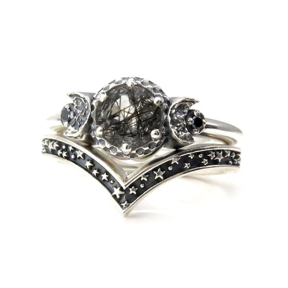 Tourmalated Quartz Moon and Stars Silver Engagement Ring Set with Black Diamonds