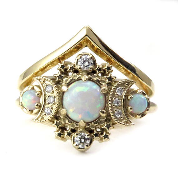Lab Opal Moon Engagement Ring Set - Gold Star and Diamond Crescent 3 Stone Diamond Ring