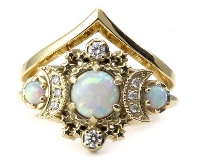 Lab Opal Moon Engagement Ring Set - Gold Star and Diamond Crescent 3 Stone Diamond Ring