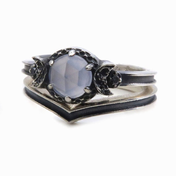 Blue Chalcedony Black Silver Moon Ring With Chevron Wedding Bands - Celestial Engagement