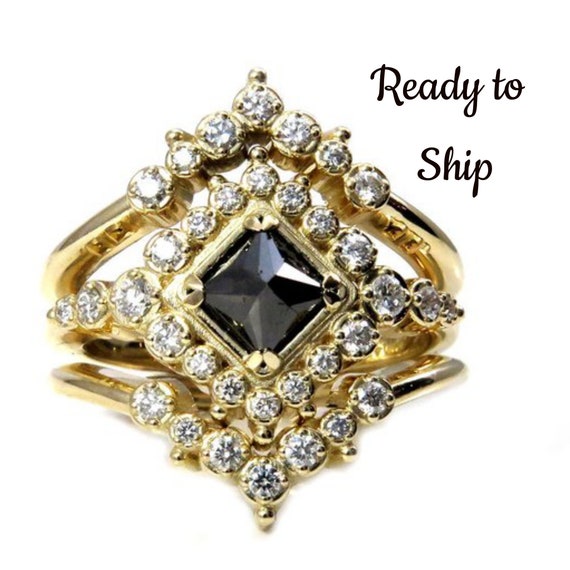 Ready to Ship Size 6 - 8 - Reverse Set Black Princess Diamond Engagement Ring with White Diamond Halo and Diamond Chevron Wedding Bands