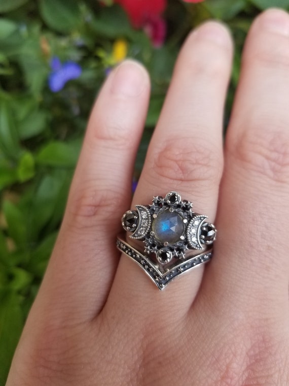 Rose Cut Labradorite Cosmos Moon Engagement Ring Set - Sterling Silver with Black & White Diamonds