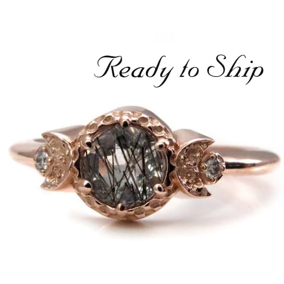 Ready to Ship Size 7 - 9 - Tourmalated Quartz Moon Goddess Engagement Ring - Rose Gold with Icey Diamonds