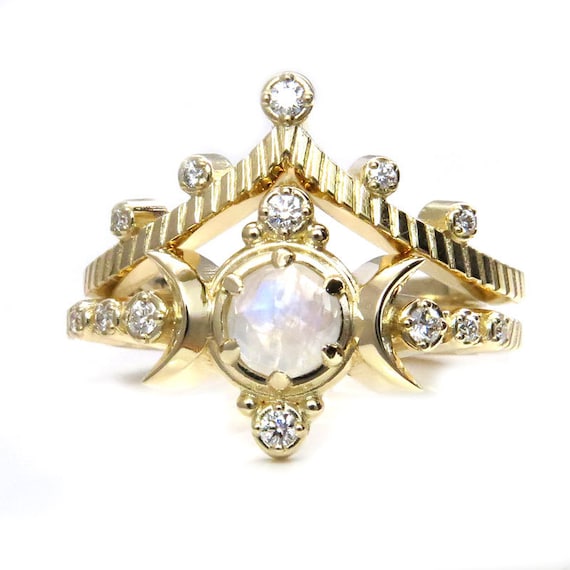Moonstone and Diamond Triple Moon Engagement Ring Set - Textured Yellow Gold Ring Set