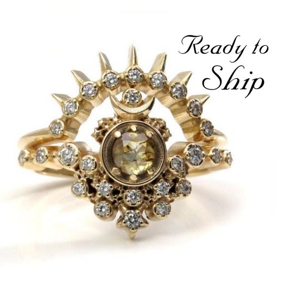 Ready to Ship Size 6 - 8 - Yellow Diamond Moon Witch Engagement Ring Set - Rose Cut Diamond Gothic Engagement Ring Set