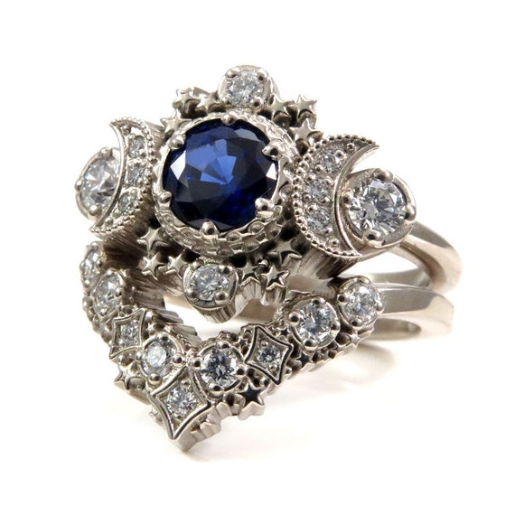 Chatham Sapphire and Diamond Cosmos Engagement Ring Set - Moon Engagement Ring with Stardust Wedding Band