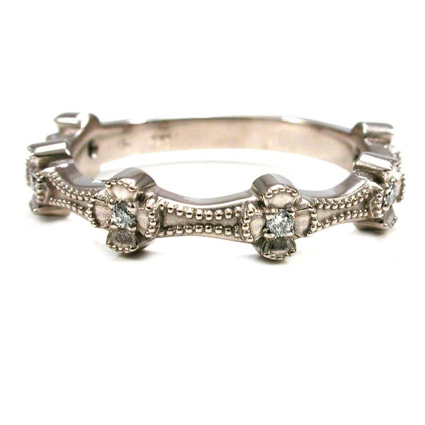 Diamante del fiore del papavero antica in stile anello - 14 k palladio oro bianco Art Nouveau fidanzamento matrimonio Band