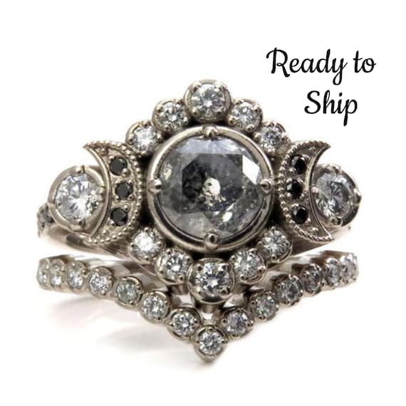 Ready to Ship Size 6 - 8 -European/Mine Cut Salt & Pepper Diamond Moon Engagement Ring Set - 14k Palladium White Gold