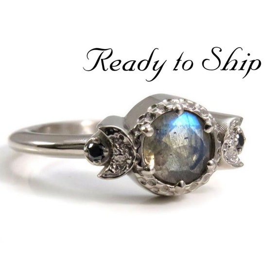 Ready to Ship Size 6 - 8 - Labradorite Triple Moon Engagement Ring - 14k Palladium White Gold and Black Diamonds