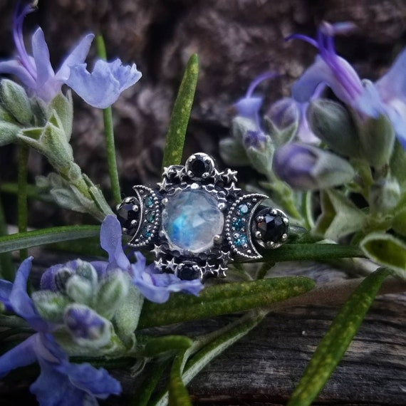 Ready to Ship Size 6 - 8 Cosmos Moon and Star Ring - Rainbow Moonstone with Blue Diamond Moons and Stardust Chevron Wedding Band