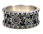 Distressed Silver Gear Ring - Steampunk Industrial Cogs and Rivets Mens Sterling Wedding Band