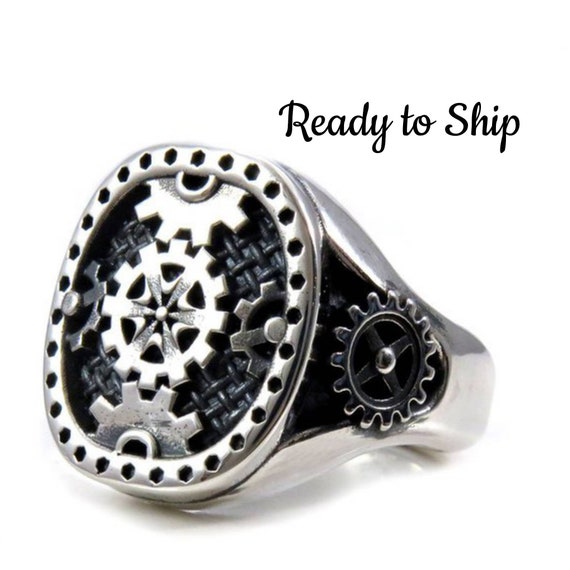 Ready to Ship Size 10 - 10.5 - Signet Style Steampunk Gear Ring - Large Mens Sterling Silver Industrial Ring